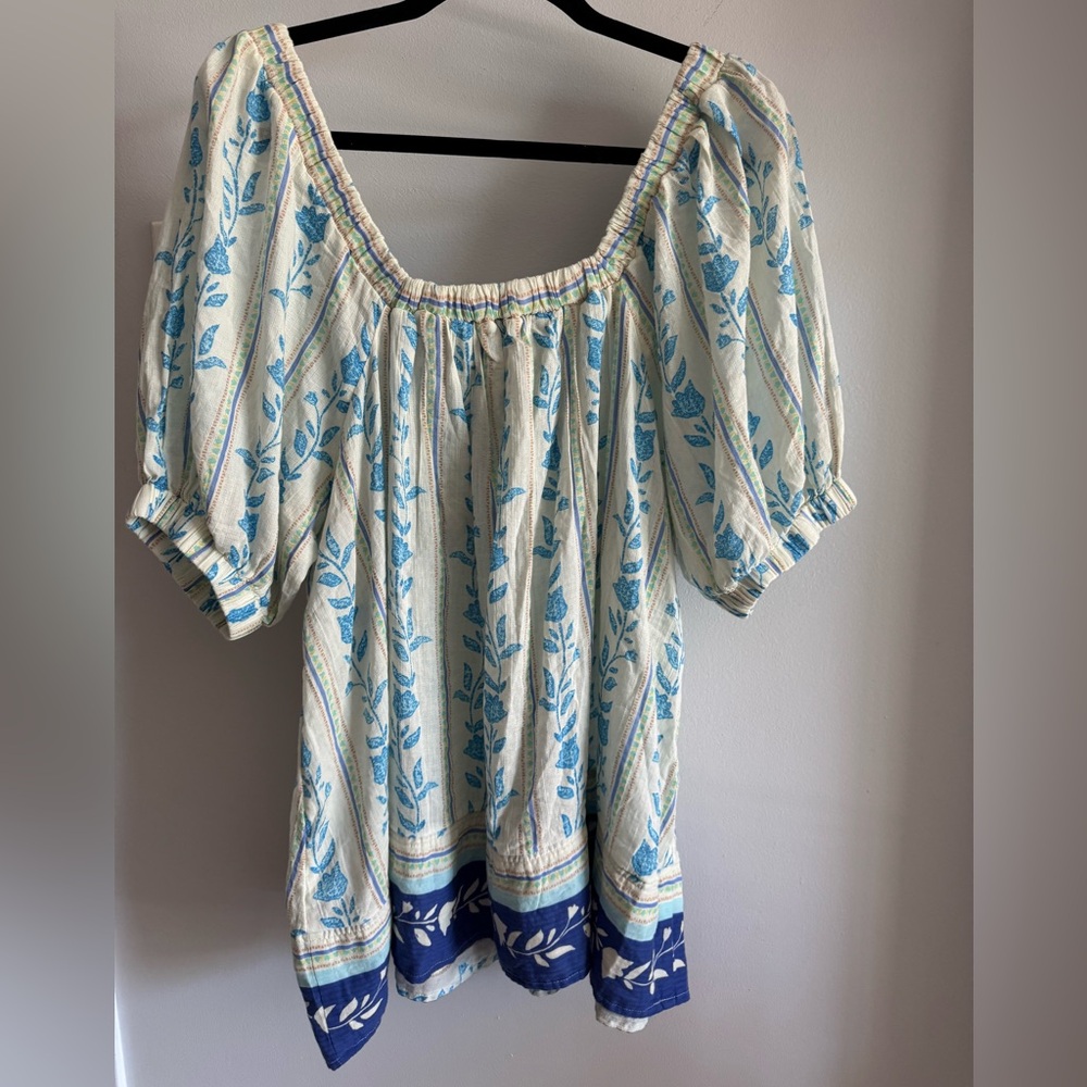 Free People Santorini Print Puff Sleeve Empire Waist Long Cotton Tunic Top NEW L - Picture 8 of 12